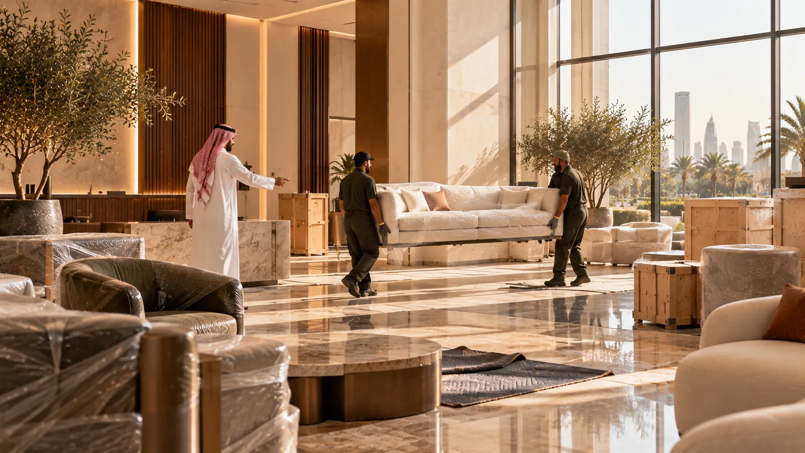 فريق التركيب ينقل أريكة إلى مكتب جديد في الرياض